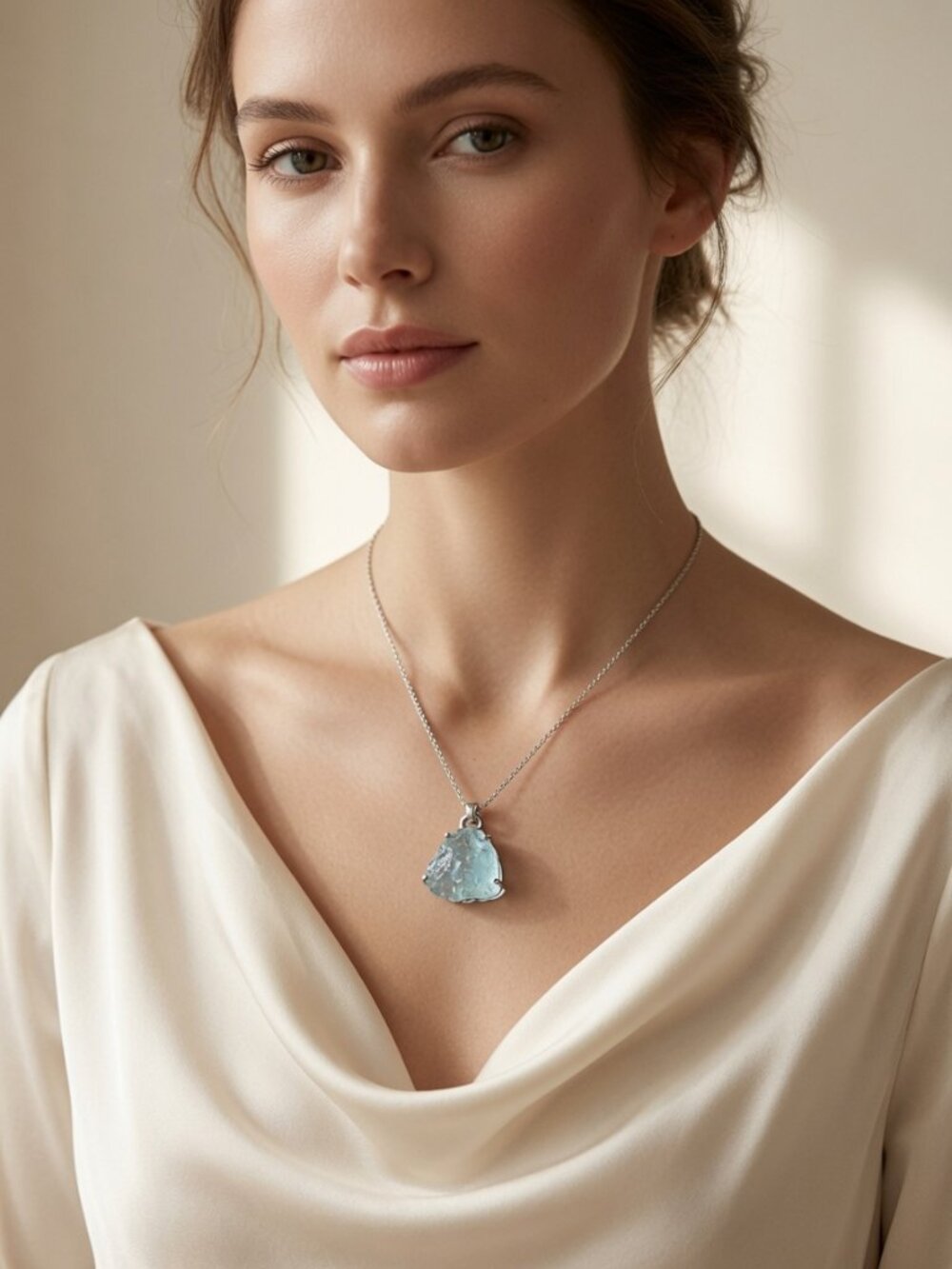 Ice Queen! Frosty, ALL Natural Aquamarine Solid STERLING SILVER Chain Necklace